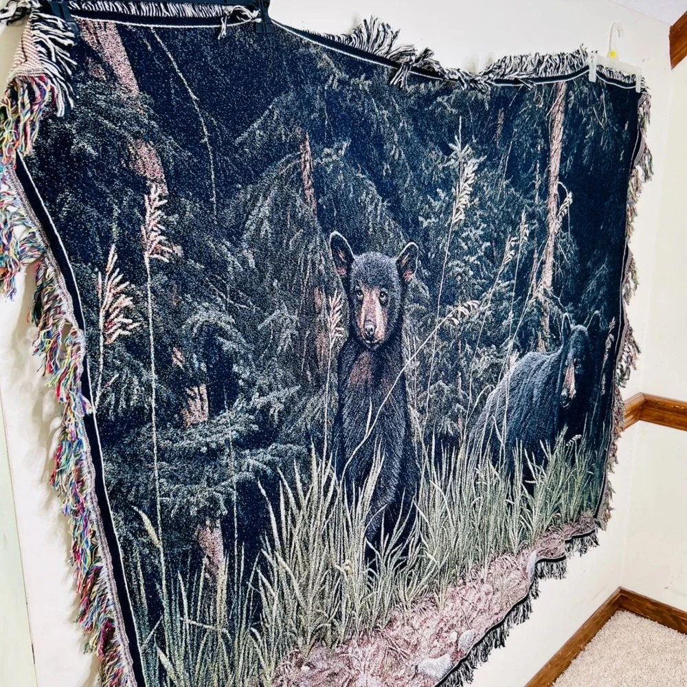80s R.S. Parker Black Bear Tapestry Blanket 62x49 forest cabin art decor vintage